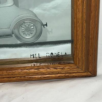 Wood Frame with Sandblasted art onto mirror of Classic Car