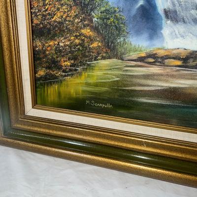 Large Oil Painting of Mountains & Waterfall with a wooden Golden frame.