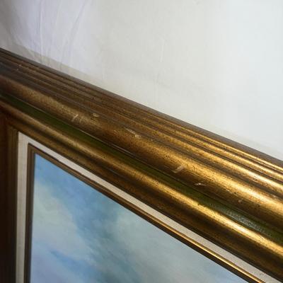 Large Oil Painting of Mountains & Waterfall with a wooden Golden frame.