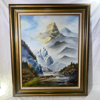 Large Oil Painting of Mountains & Waterfall with a wooden Golden frame.