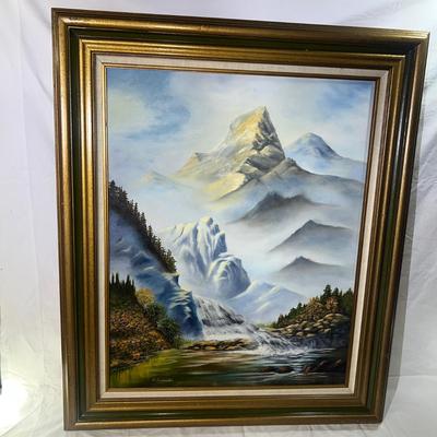 Large Oil Painting of Mountains & Waterfall with a wooden Golden frame.