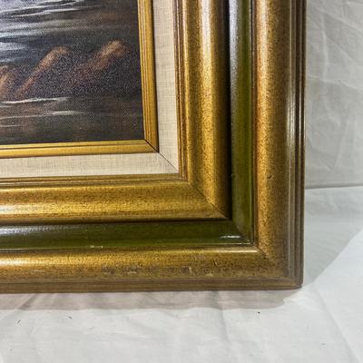 Large Oil Painting of Mountains & Waterfall with a wooden Golden frame.