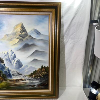 Large Oil Painting of Mountains & Waterfall with a wooden Golden frame.