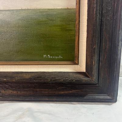 Real Wood Frame with burlap mesh framing a Winter Log cabin in the snowy forest