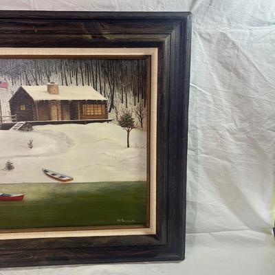 Real Wood Frame with burlap mesh framing a Winter Log cabin in the snowy forest