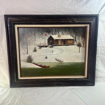 Real Wood Frame with burlap mesh framing a Winter Log cabin in the snowy forest
