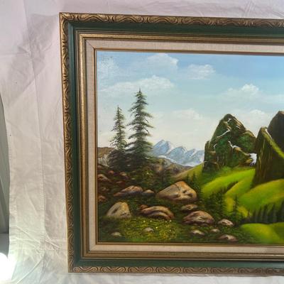 Large Oil Painting of Springtime Mountains & Fields with a wooden Golden frame