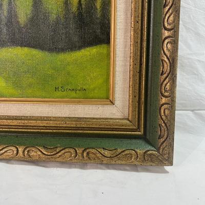 Large Oil Painting of Springtime Mountains & Fields with a wooden Golden frame