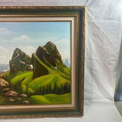Large Oil Painting of Springtime Mountains & Fields with a wooden Golden frame