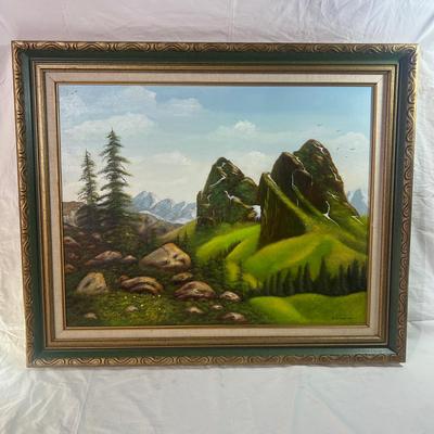 Large Oil Painting of Springtime Mountains & Fields with a wooden Golden frame