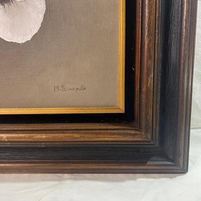 Large Oil Painting of White Flowers with a Dark Natural wooden frame accented by black velvet and gold accent
