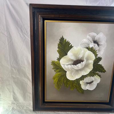 Large Oil Painting of White Flowers with a Dark Natural wooden frame accented by black velvet and gold accent