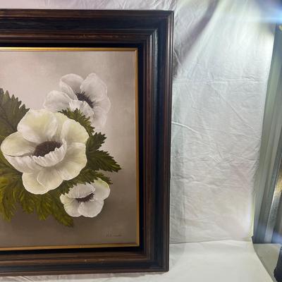 Large Oil Painting of White Flowers with a Dark Natural wooden frame accented by black velvet and gold accent