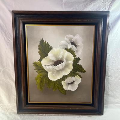 Large Oil Painting of White Flowers with a Dark Natural wooden frame accented by black velvet and gold accent