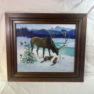 Real Wood Frame Winter scape Showing a gathering of animals on the snowy river