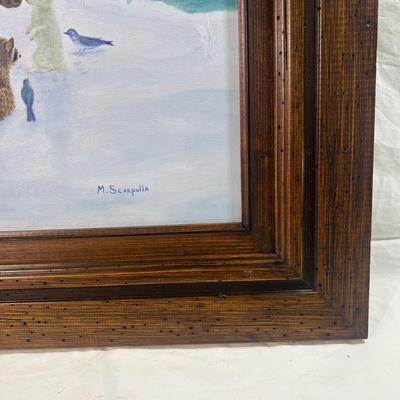 Real Wood Frame Winter scape Showing a gathering of animals on the snowy river