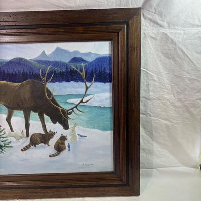 Real Wood Frame Winter scape Showing a gathering of animals on the snowy river