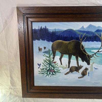 Real Wood Frame Winter scape Showing a gathering of animals on the snowy river