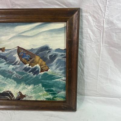 Wood frame with Art of Small Boats Stuck at sea