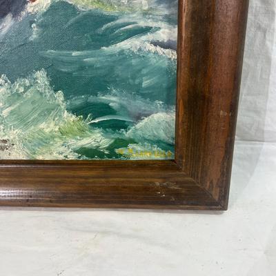 Wood frame with Art of Small Boats Stuck at sea