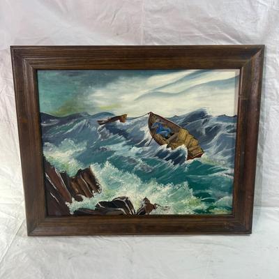 Wood frame with Art of Small Boats Stuck at sea