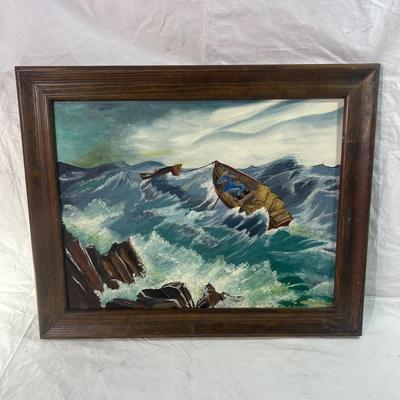 Wood frame with Art of Small Boats Stuck at sea