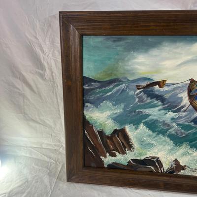 Wood frame with Art of Small Boats Stuck at sea