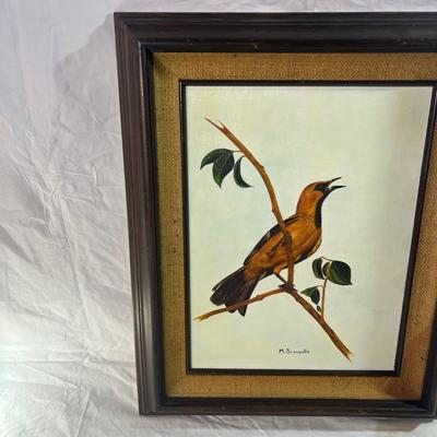 Vintage Real Wood Frame with burlap mesh framing a Baltimore Oriole Bird