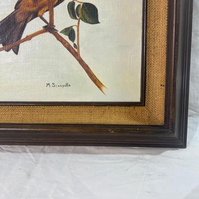 Vintage Real Wood Frame with burlap mesh framing a Baltimore Oriole Bird