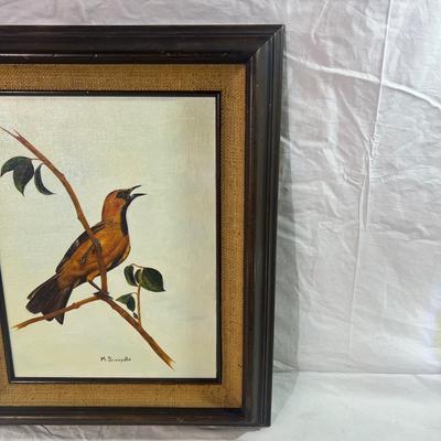 Vintage Real Wood Frame with burlap mesh framing a Baltimore Oriole Bird