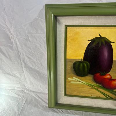Bright green painted wood frame with oil painting of veggies