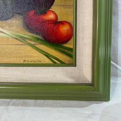 Bright green painted wood frame with oil painting of veggies