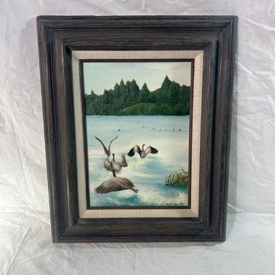 Vintage Real Wood grey Frame with oil painting of Canadian Geese on a pond