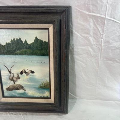 Vintage Real Wood grey Frame with oil painting of Canadian Geese on a pond