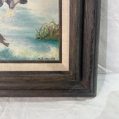 Vintage Real Wood grey Frame with oil painting of Canadian Geese on a pond