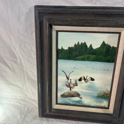 Vintage Real Wood grey Frame with oil painting of Canadian Geese on a pond