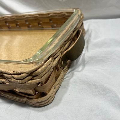 Two Vintage Pyrex dishes with woven basket