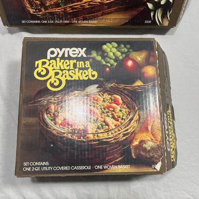Two Vintage Pyrex dishes with woven basket