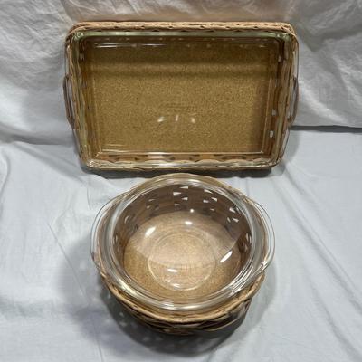 Two Vintage Pyrex dishes with woven basket