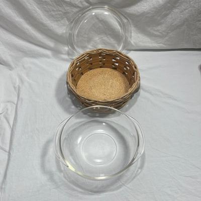 Two Vintage Pyrex dishes with woven basket
