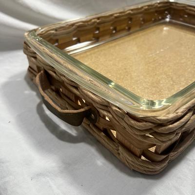 Two Vintage Pyrex dishes with woven basket