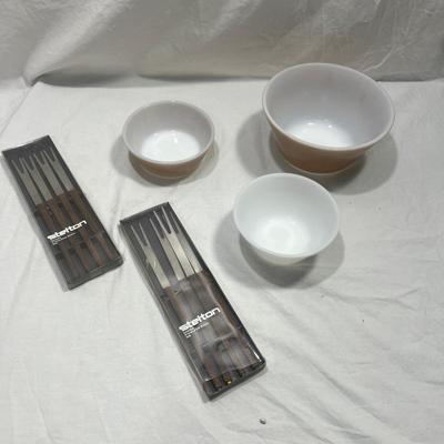 Brown and white Federal mixing bowls with vintage fondue skewers