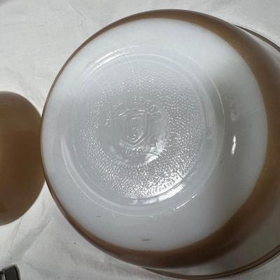 Brown and white Federal mixing bowls with vintage fondue skewers