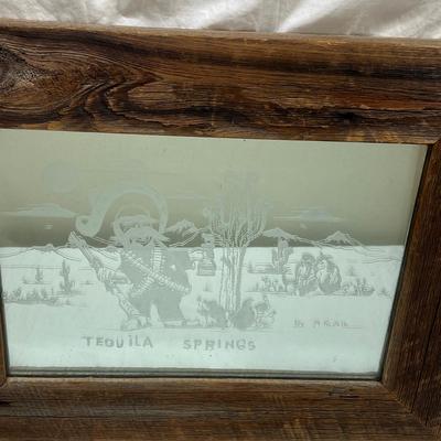 Vintage Real wood Frame with Sandblasted art onto mirror of Desert cowboy and cactus