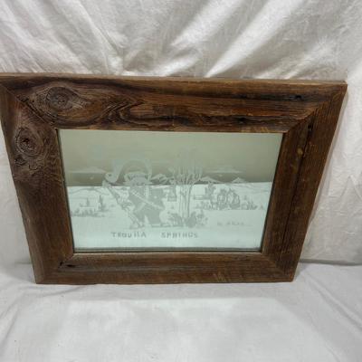 Vintage Real wood Frame with Sandblasted art onto mirror of Desert cowboy and cactus