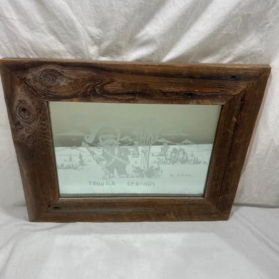 Vintage Real wood Frame with Sandblasted art onto mirror of Desert cowboy and cactus