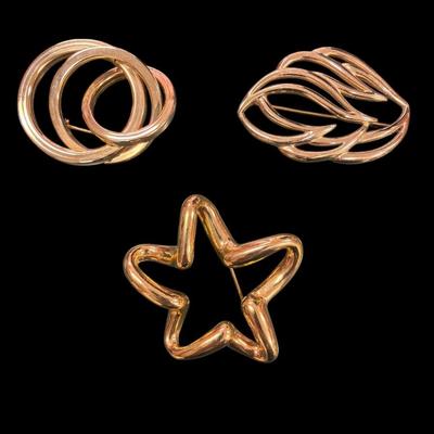 Set of Three Vintage Gold Tone Abstract Brooches