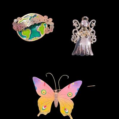 World Pin, Angel, Butterfly Brooches