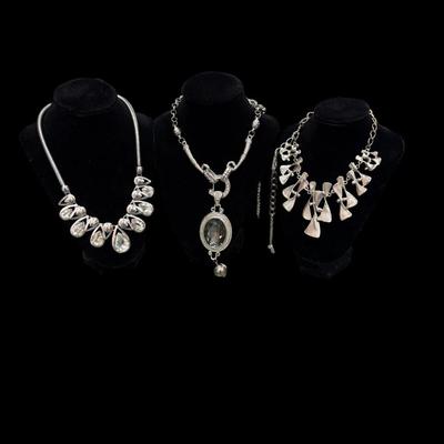 Set of Three Vintage Women's Fashion Silver Toned Necklaces