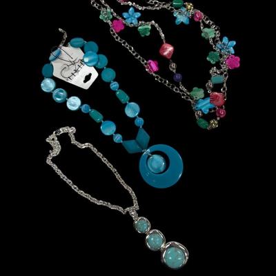 Set of Three Fashion Necklaces with Colorful Beads and Metal Chains